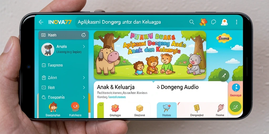 Antarmuka INOVA77 menampilkan berbagai pilihan dongeng audio yang menarik.